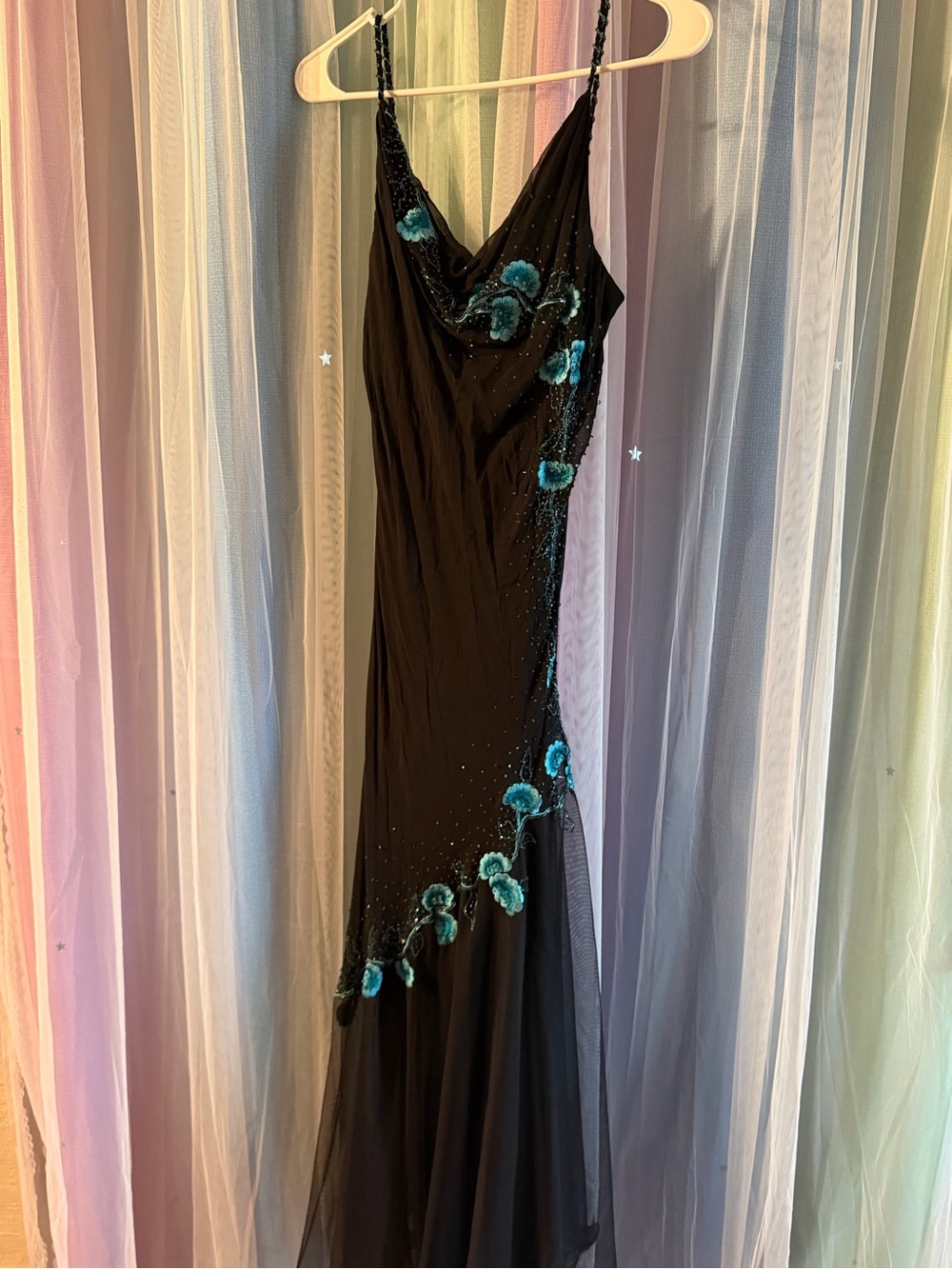 Vintage Black Slip Dress with Teal Floral Embroidery - Picture 1 of 2